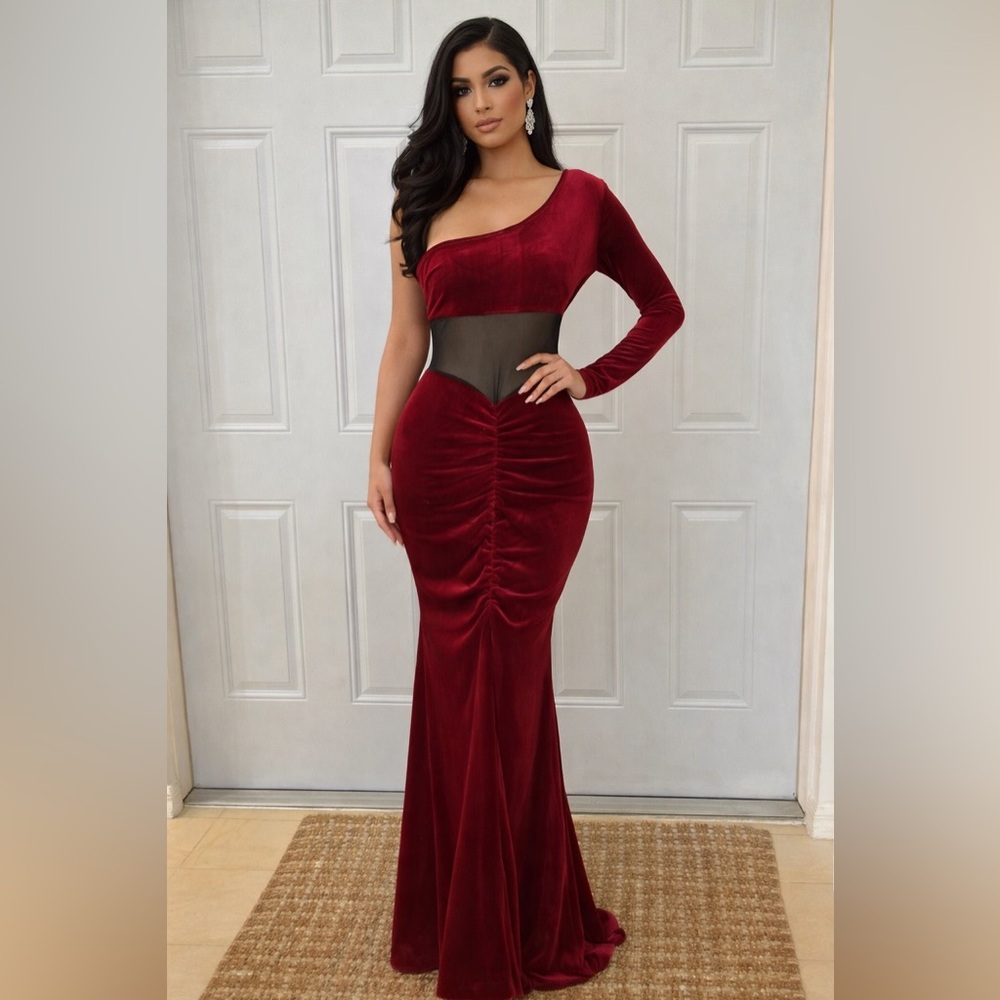 Long Dress Woman Velvet Siren One‎ Shoulder Off Long sleeve Red Black Patchwork
